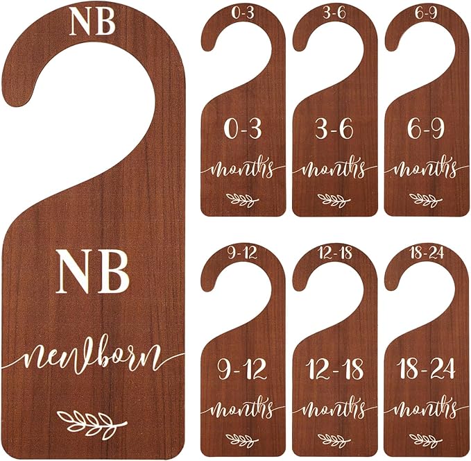 Whaline 7Pcs Wooden Baby Closet Size Dividers with Pink Velvet Bag Newborn to 24 Month Thicken Infant Wardrobe Organizers Home Nursery Hanger Decor for Baby Shower Party Gift Supplies