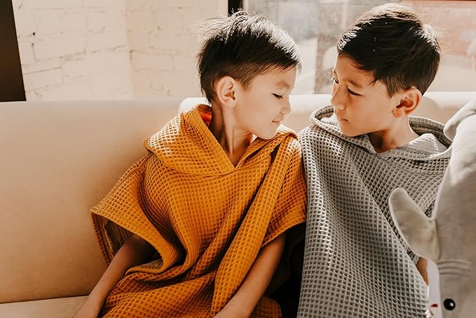 Jade&Kai Hooded Towel for Kids | Snaps into a Poncho | Organic Cotton Waffle | Lightweight and Absorbent | Bath, Beach, and Pool | Multiple Colors | (Medium (3-6 Yrs), Mustard Seed)