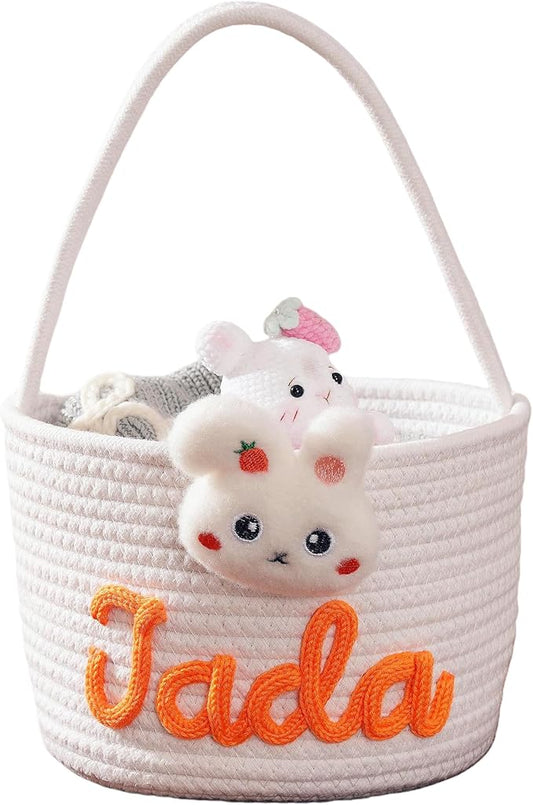 JUPPE Custom Easter Basket, Personzlized Bunny Basket with Kids Name, Cotton Rope Storage Organizer Nursery Decor Easter Eggs Gift (Bunny Basket)