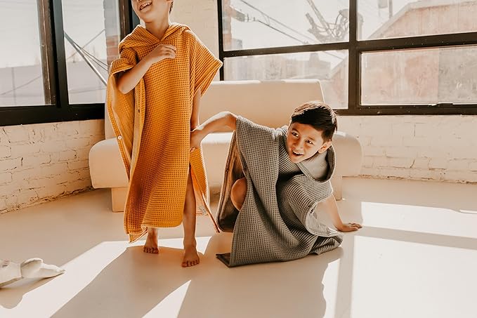 Jade&Kai Hooded Towel for Kids | Snaps into a Poncho | Organic Cotton Waffle | Lightweight and Absorbent | Bath, Beach, and Pool | Multiple Colors | (Large (6-10 Yrs), Mustard Seed)