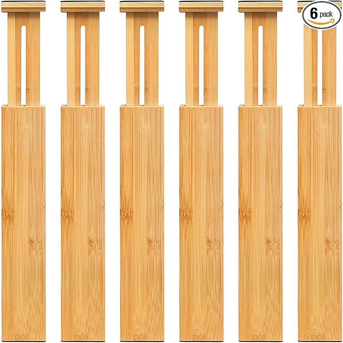 VaeFae 6-Pack Bamboo Drawer Dividers – Adjustable 14"-19.1" (Fits 15"-18" Drawers ONLY), Spring-Loaded Expandable Organizer for Kitchen, Bedroom, Office & Bathroom, MUST MEASURE Before Purchase | 6 Pack, Adjustable, Expandable, Organization