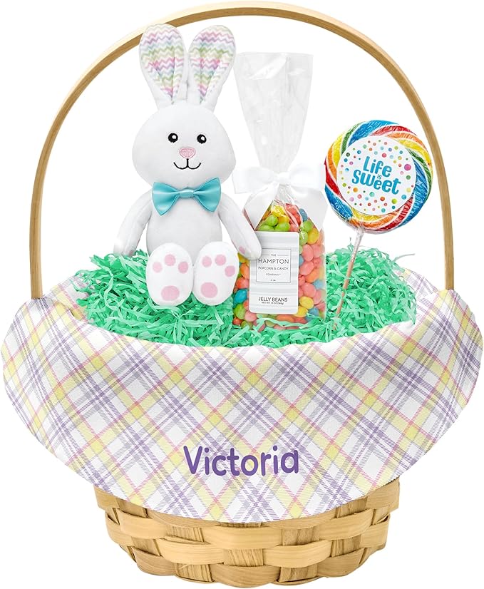 Let's Make Memories Personalized Easter Basket for Kids- For Boys - For Girls - Create Your Own - Fillable - Wicker - Easter Basket Stuffers - Large - Purple Fun Plaid