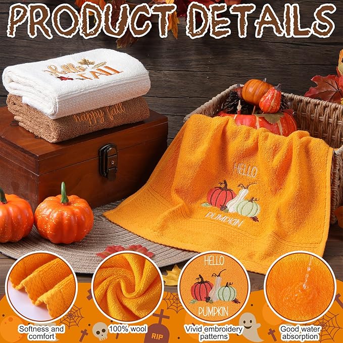 3 Pcs Fall Pumpkin Hand Towels for Bathroom Embroidered Bathroom Towels Farmhouse Decorative 13.78 x 29.53 Inch Absorbent Soft Cotton for Kitchen Dish Fast Drying Decor