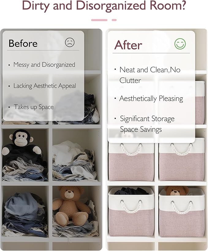 11 Inch Cube Storage Bins, 4 Pack Fabric Storage Cubes with Rope Handles, Organizer Baskets for Closet Shelves, Clothes and Home Organization(White/Pink)