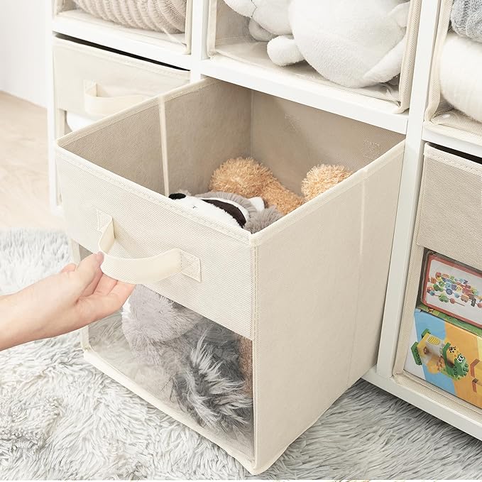 Storage Bins with Clear Window, 11x11 Storage Cubes, Collapsible Cube Storage Box, Fabric Closet Organizers with Handles for Home, Office, Shelf, Closets, Living Room, Beige, 6 Pack