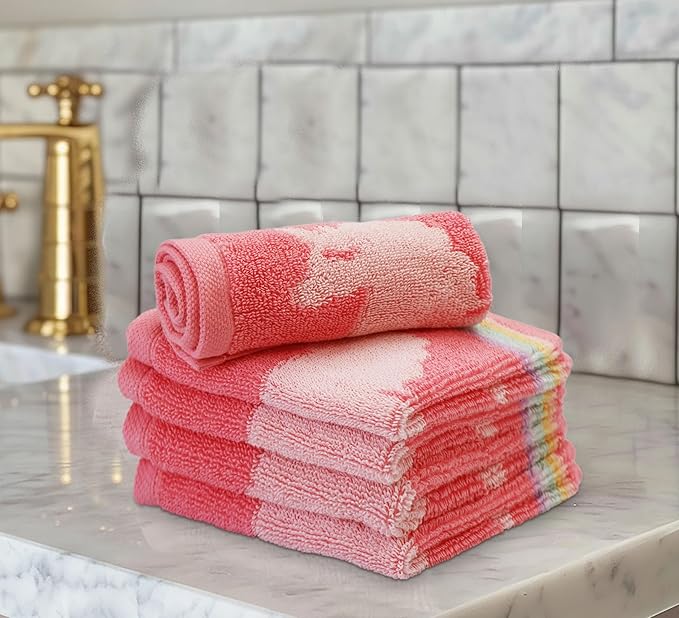 ORIGINAL KIDS Magical Unicorn Washcloths - 12 Pack 100% Cotton Terry Jacquard Wash Cloths - 630 GSM Plush Super Soft Absorbent Gentle Baby Face Towel - Bath Time Travel Daycare - 12 x 12 - Pink Multi