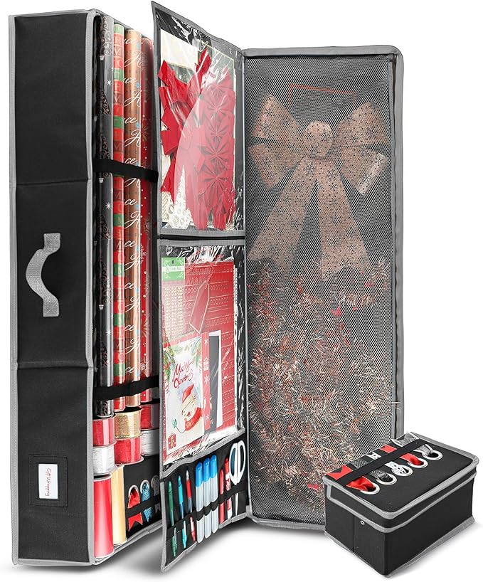 Hearth & Harbor Holiday Storage with Extra 2 PC of Christmas Storage Bins and Ribbon Storage Organizer - Fade Resistant Wrapping Paper Storage Containers with Wheels Fits Up to 30 Rolls of 40" Length