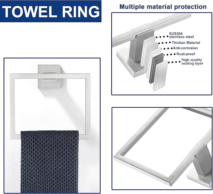 5 Pieces Bathroom Hardware Accessories Set Brushed Nickel, 16Inch Square Towel Racks Set for Bathroom, SUS304 Stainless Steel Towel Bar Set,Toilet Paper Holder with Shelf Wall Mounted