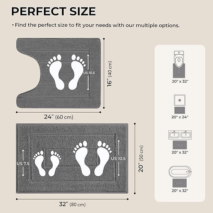 GRANNY SAYS Bathroom Rugs Sets 2 Piece, Soft Absorbent Microfiber Bath Mats for Bathroom Non Slip Washable, U-Shaped Toilet Bath Rugs for Tub Shower (Deep Grey, 20" x 32" + U Shaped 20" x 24")