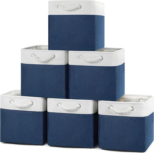 Posprica 11×11×11 Storage Cubes, Collapsible Storage Bins Organizer for Closet, Fabric Storage Box with Cotton Rope Handles, Decorative Storage Baskets for Shelves, Nursery, Toy, set of 6 - White/Blue