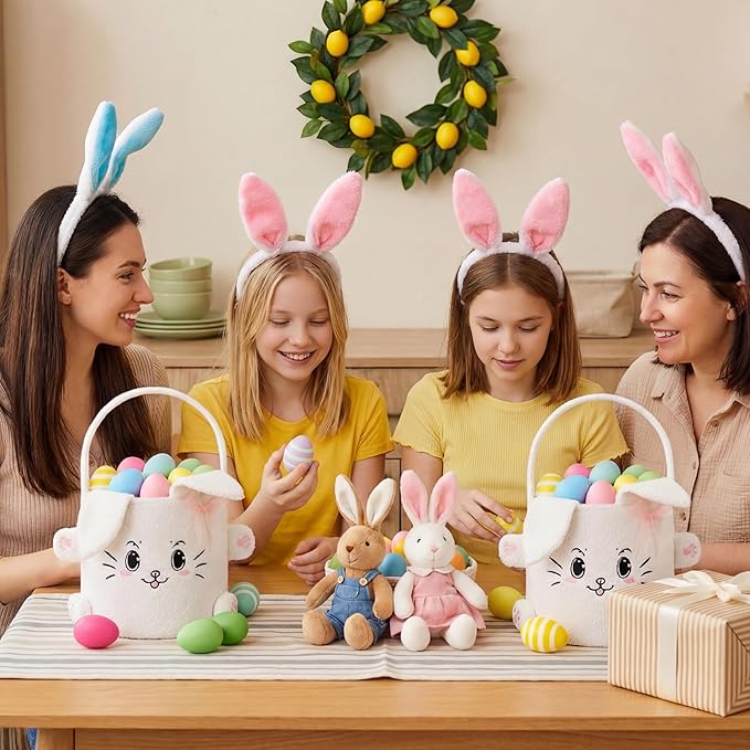 Mimorou 3 Pack Plush Bunny Easter Basket Sherpa Easter Bucket with Rabbit Ears Decorative Bow Large Bunny Tote Bags Ideal for Egg Hunt, Party Favors, Decorations & Storage(White)