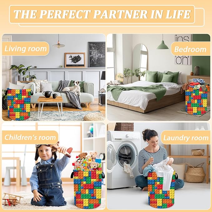 Colorful Building Blocks Laundry Basket, Bricks Laundry Hamper, Oxford Waterproof Foldable Clothes Storage Bin, Toy Organizer Basket for Bathroom/Household/College Dorms 15.7"x19.6"