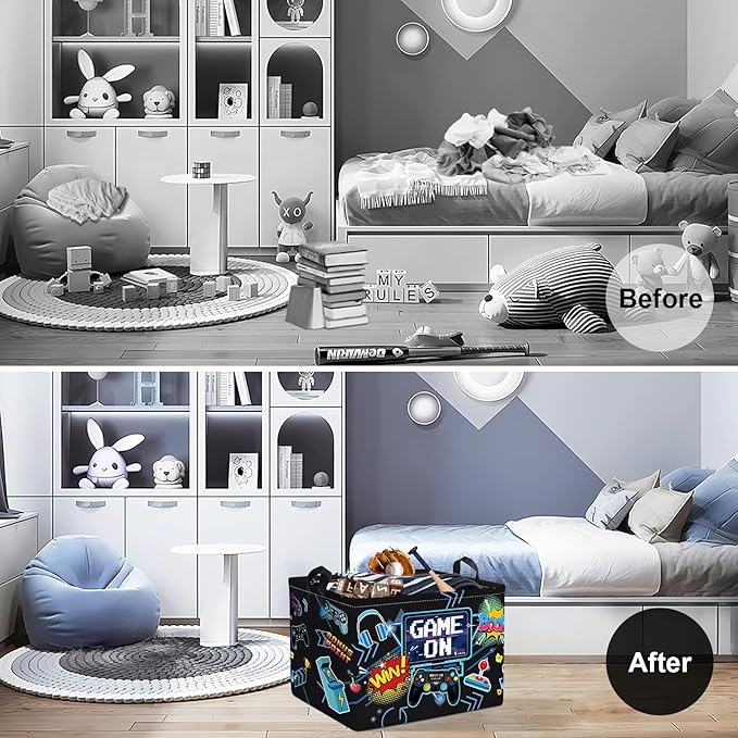Clastyle Cool Game Storage Basket Kid Game Controller Clothes Laundry Hamper Collapsible Boy Toy Box for Nursery Palyroom,Black,40 * 30 * 30 cm