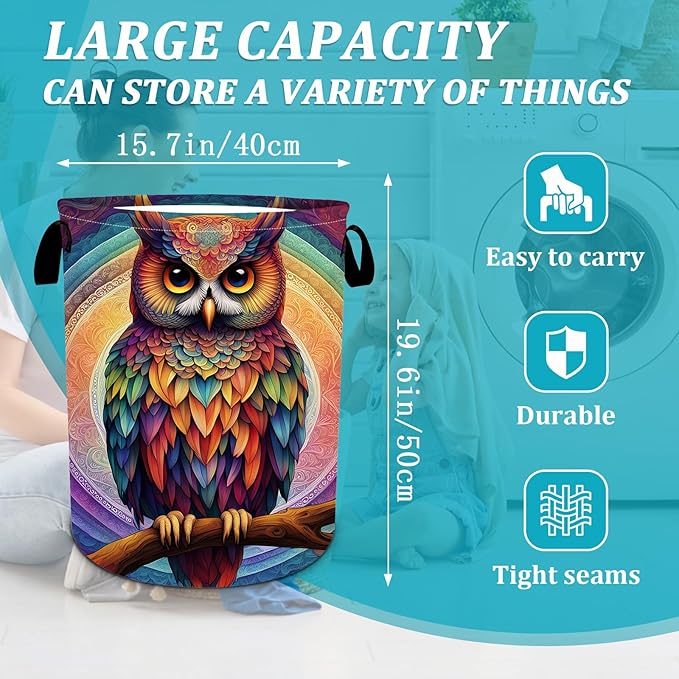 Owl Laundry Basket, Foldable Waterproof Oxford Cloth Mandala Laundry Hamper Funny Tote Bag Dirty Clothes Storage Bucket Toy Organizer for Bathroom/Laundry/Bedroom 15.7"x19.6"