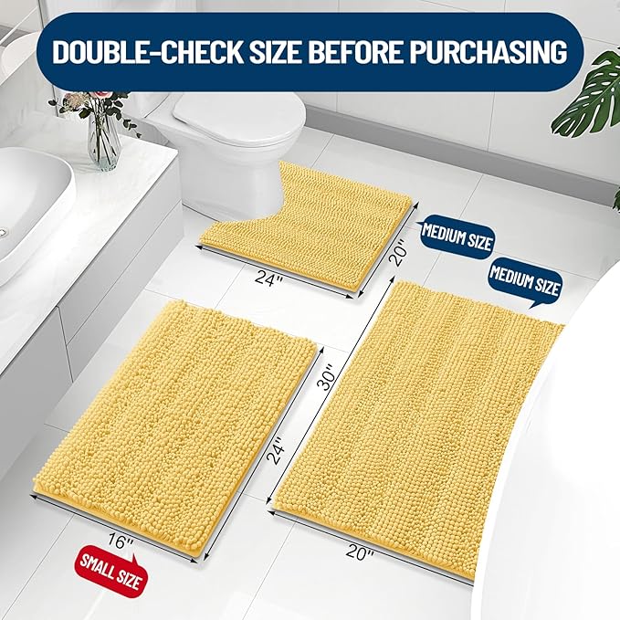 Grandaily Chenille Striped Bathroom Rugs 59x24, Extra Thick and Absorbent Bath Mats, Non-Slip Soft Plush Shaggy Shower Carpet, Machine Wash Dry, Bath Rug for Bathroom, Yellow