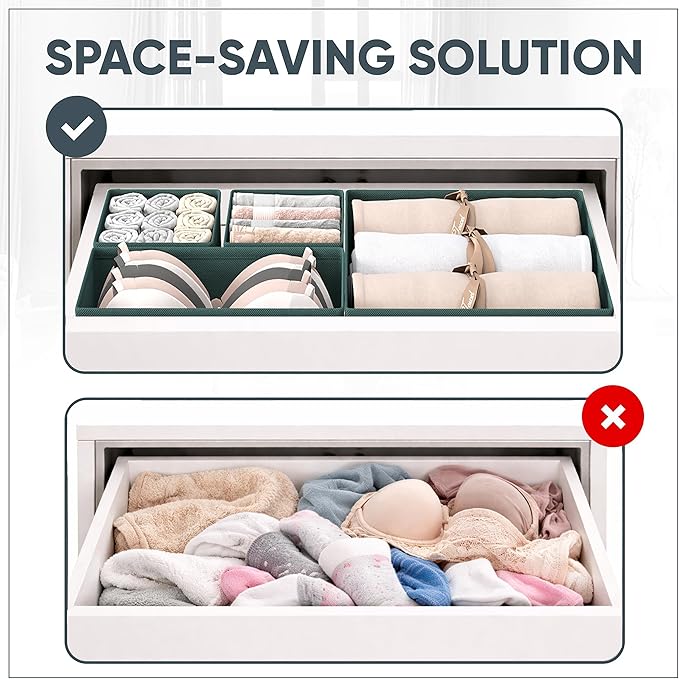 Clothes Drawer Organizer - Set of 6 Foldable Drawer Organizers bins for Dresser, Underwear, Socks & Baby Clothes Storage,Green