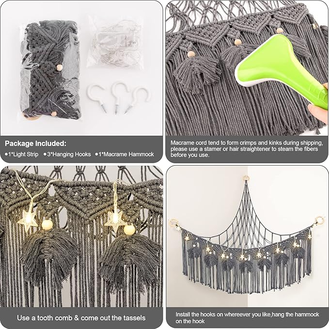 ANROYE Macrame Stuffed Animal Hammock with Star Light, Bear Storage Net for Girls Room Decor, Corner Hanging Mesh Organizer Idea for Nursery, Plushies Toy Wall Hanging Display Holder Kid Boy Gift