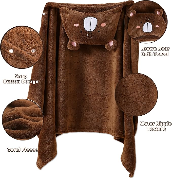 Hooded Towel for Kids, 2 Pack Coral Fleece Kids Bath Towels, Soft and Absorbent Toddler Towels with Hood Age 0-12 Years for Toddler, Infant, Kids - Large 27.5 X 55 inch (Blue Elephant&Brown Bear)