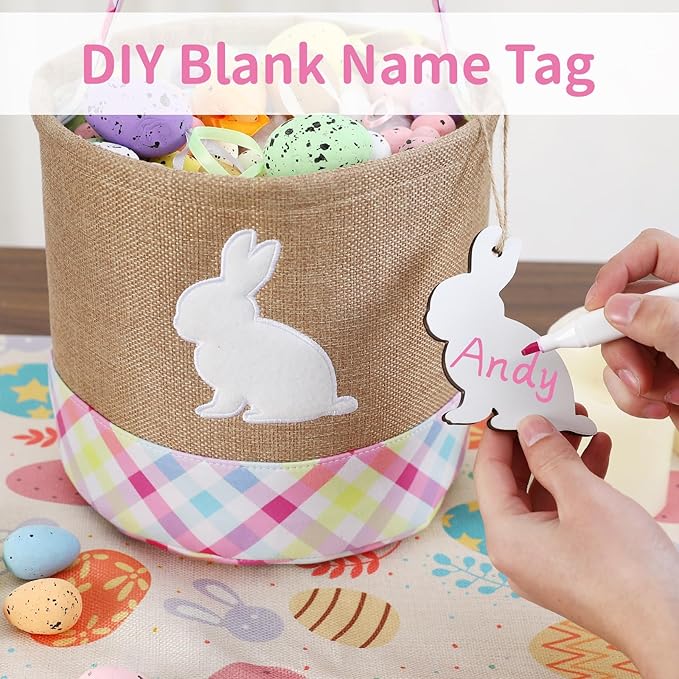 Easter Basket – Bunny Basket with DIY Blank Wooden Bunny Tag for Kids, Boys, Girls, Easter Egg Hunt, Candy Gift Storage (Pink)