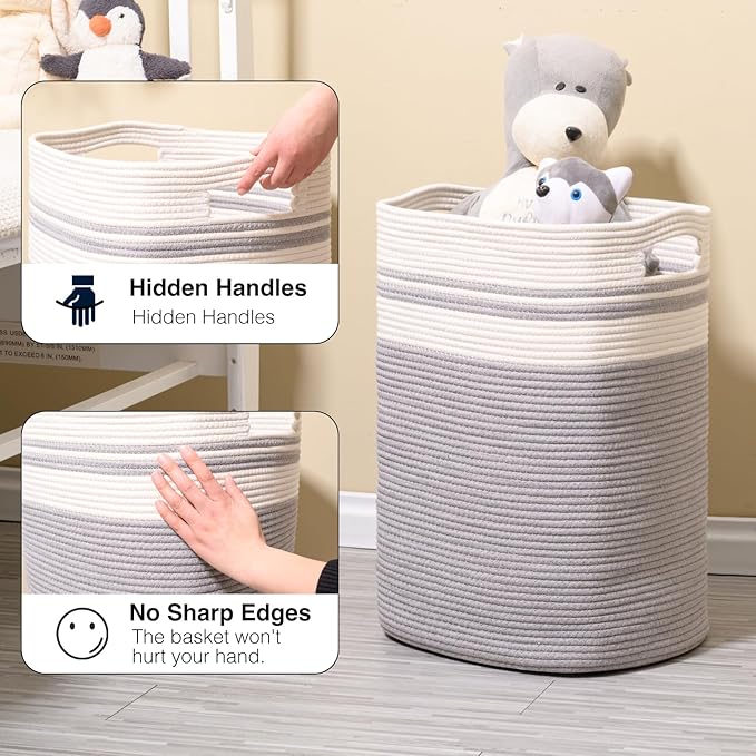 78L Laundry Hamper, Woven Rope Tall Laundry Basket with Handles, Decorative Blanket Basket for Bedroom, Bathroom, Collapsible Baskets for Toys, Clothes, 16”x14”x22”, White & Grey