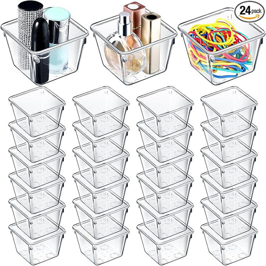 Tioncy 24 Pcs Stackable Clear Drawer Organizer Set 3" x 3" x 2" Small Makeup Vanity Storage Bins Office Desk Drawer Dividers Container Organization for Makeup Vanity Office Bathroom Kitchen Utensil