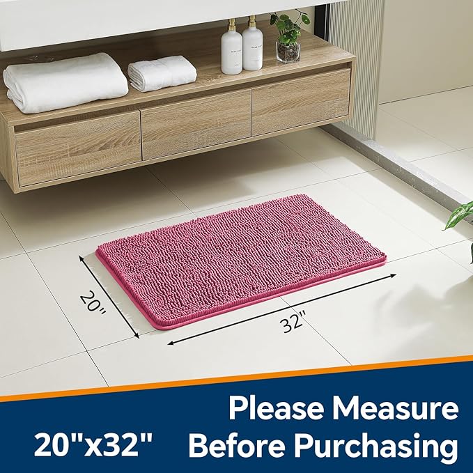 Hot Pink Bathroom Rugs 20"x32" - Thick Plush Chenille Non-Slip Bath Mat - Absorbent, Washable, Soft Decor for Sink, Shower, Tub, Kitchen, Home Accessories
