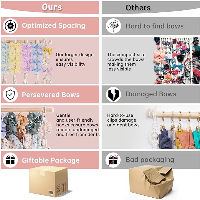 Headband Holder - Bow Holder for Baby Girl – Macrame Bow Organizer for Baby Girl w/Hooks, Slings & Wooden Bead – Space Saving Baby Bow Organizer for Expecting Moms