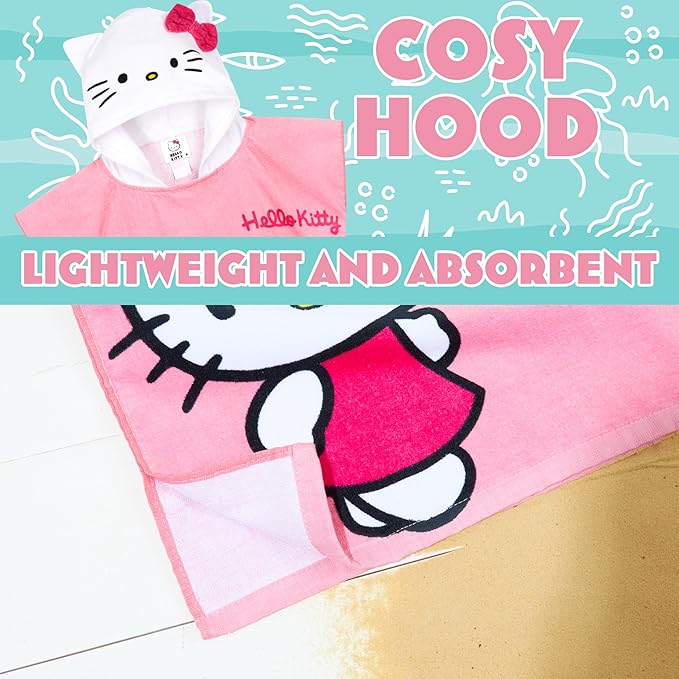 Hello Kitty Beach Towel with Hood for Girls Cinnamoroll Kuromi Kids Poncho Bath Towels Kawaii Beach Accessories Travel Essentials Girls Gifts (Pink Poncho Hello Kitty, 10-14 Years)