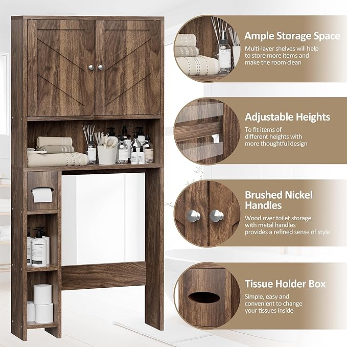Meilocar Over Toilet Storage Cabinet with Toilet Paper Holder Stand, Freestanding Bathroom Storage Cabinet, Rustic Farmhouse Bathroom Organizer with Adjustable Shelf & Anti-Tipping, Walnut