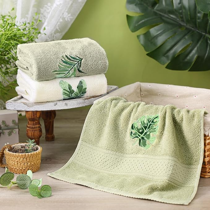 3 Pcs Sage Green Hand Towels Tropical Bathroom Decor Farmhouse Embroidered Sage Green Monstera Banana Palm Leaf Decorative Towels for Bathroom Kitchen, 100% Cotton, 13.4 x 29''