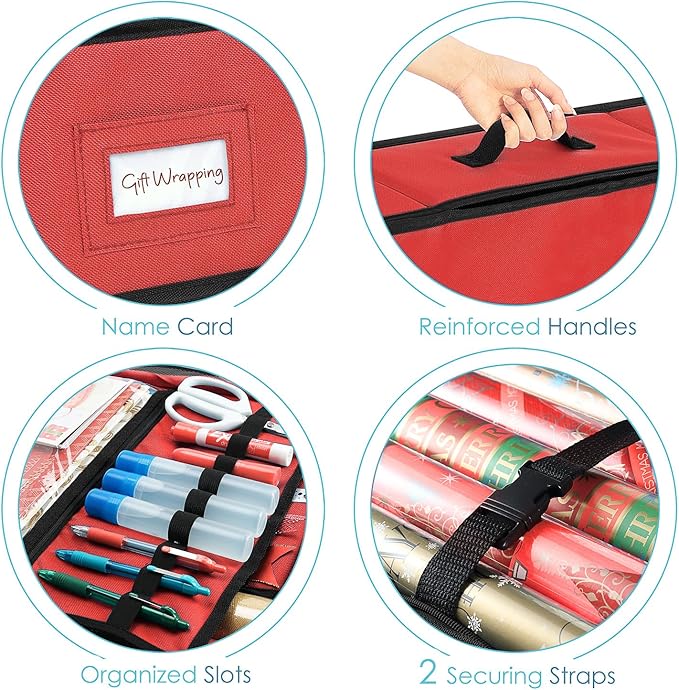 Hearth & Harbor Wrapping Paper Storage Container - Christmas Storage Bag with Ribbon Dispenser and Interior Pockets - Gift Wrap Organizer Fits Up to 26 Rolls of 40" Length, Red