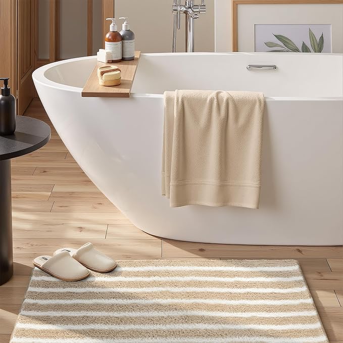 GRANNY SAYS Striped Bathroom Rugs Non Slip, 20" x 32", Bath Rugs for Bathroom Washable, Bath Mats for Floor, Microfiber Bath Mat for Tub, Absorbent Bath Rugs for Shower Room, Beige