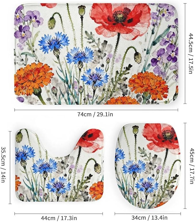 4 Piece Bathroom Rug Set with Shower Curtain, Non-Slip Bath Mat Toilet Cover Set, Wisteria Cascade Bathroom Rug Sets