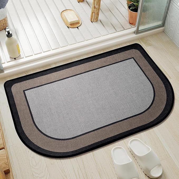 Half Circle Bath Mat, Thin Bathroom Rugs Fit Under Door Quick Dry Non Slip Washable Bathroom Mat with Rubber Backing, Absorbent Half Round Shower Mat Rug,Gray Brown