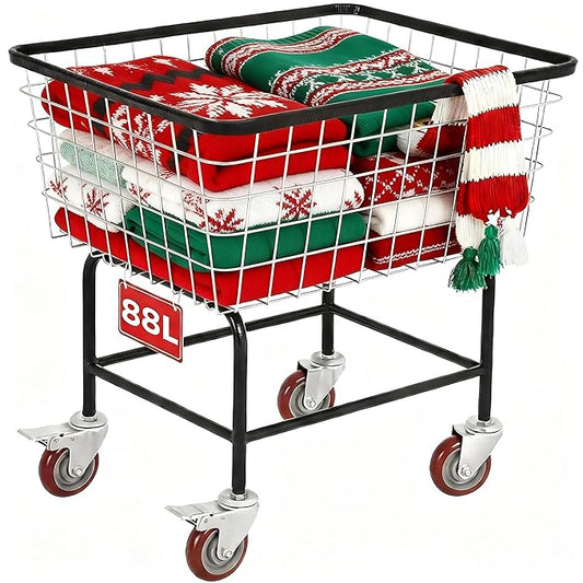 Wire Laundry Cart with Wheels, 2.5 Bushel Rolling Laundry Basket, Commercial Basket Carts for Laundry Room, Hotel, Home, Apartment Use, Durable Steel Frame with Galvanized Finish, 5" Casters