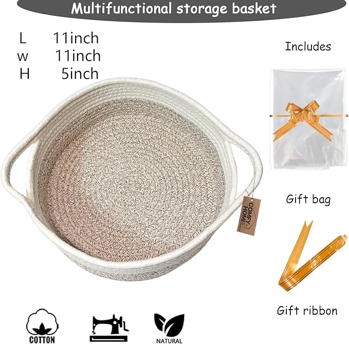 COMFY HOMI Small Woven Gift Baskets with Handles, Gift Bags and Ribbons - Cotton Rope Storage Basket for Organizing, Dog Toy Basket Box, Gift Baskets Empty, Mother’s Day-φ11X5 Inch,（white/brown）