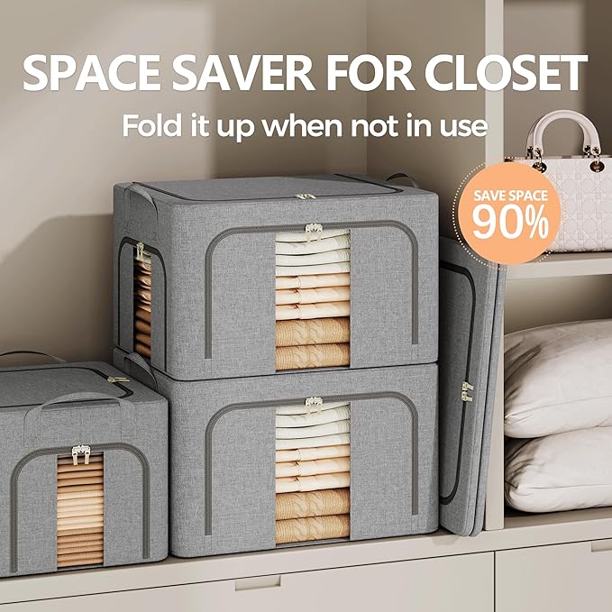 Pinkpum 3 Pack Clothes Storage Bins with Metal Frame, Closet Organizers and Storage Boxes, Sturdy Stackable & Foldable Clothes Organizer Bags with Clear Window & Long Carry Handles, Grey 40L