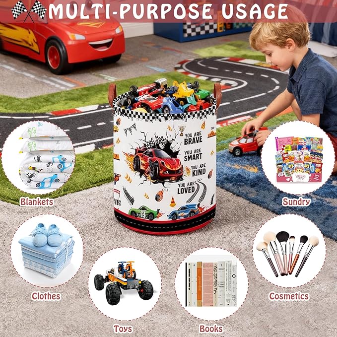 Race Car Room Decor Laundry Basket,Waterproof Car Themed Storage Bins for Boys,Collapsible Kids Nursery Hamper with Race Car Parking Sign(Round)