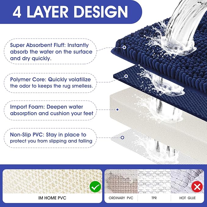 ACCUMTEK Extra Long Striped Navy Blue Bathroom Rug Mat 70"x24" Ultra Soft, Non Slip Chenille Bath Rugs, Absorbent Plush Shaggy Bath Mats for Bathroom, Bedroom, Kitchen, Shower, Tub