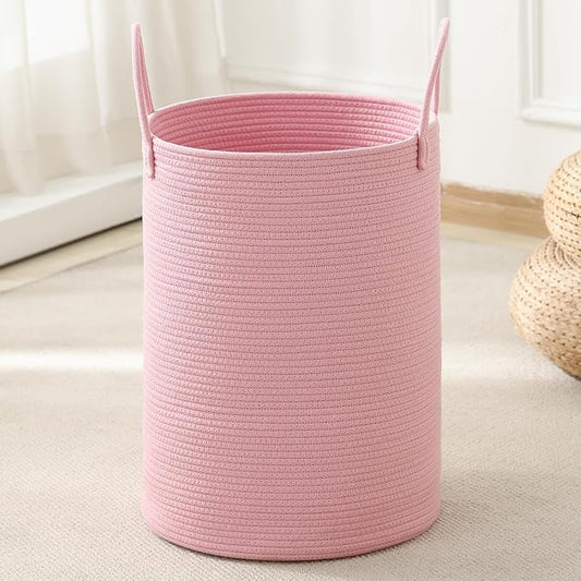 Woven Laundry Hamper Tall Rope Storage Basket for Blanket toys Dirty Clothes in Living Room Bathroom Bedroom (Pink, 80L/21.3Gal)