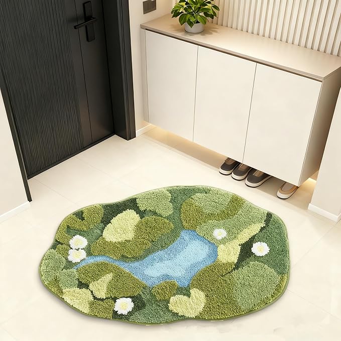 3D Moss Bath Mat - Ultra Thick & Soft, Water Absorbent, Non-Slip Bathroom Rug for Shower Floor, Bedroom Decor | Moss Green, Oval (20"x32")
