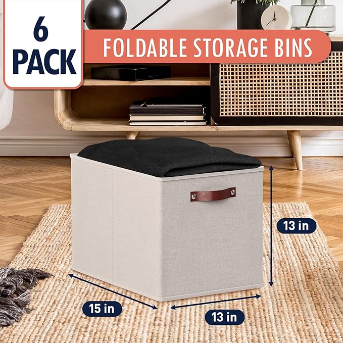 Ornavo Home 13 x 15 x 13 Kallax Storage Cube Bins, Foldable Collapsible Fabric Storage Bins Box Linen Shelf Basket Cube Organizer for Closet with Leather Handles, 6 Pack, Beige