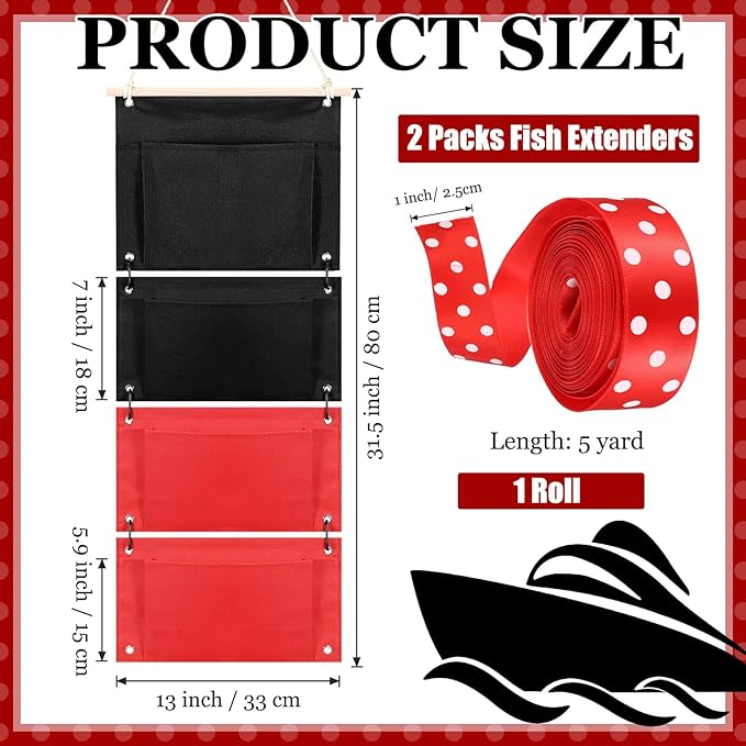 2 Pcs Fish Extender Cruise Hanging Organizer with 4 Pockets and 5 Yard Red Polka Dot Ribbon Travel Door Area Cabin Storage Bag 2026 Fe for Exchange Gift Pixie Dusting(Black,Red)