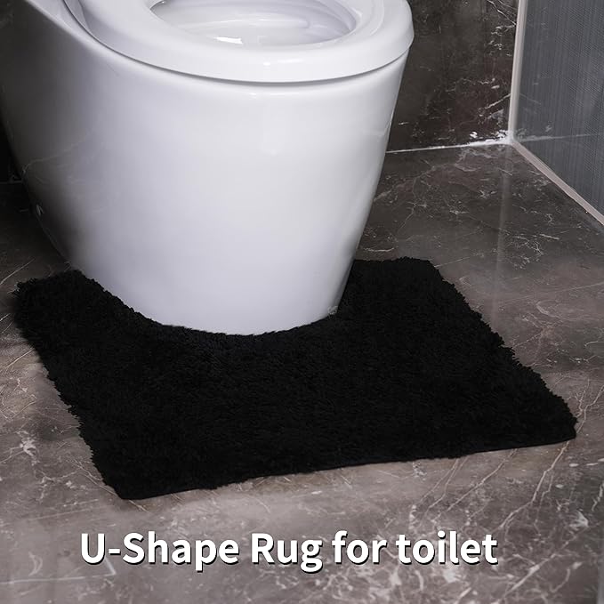 3 Pieces Luxury Bathroom Rug Set with U-Shaped Toilet Rug, Non-Slip Rubber Bottom, Thick Microfiber Fluffy Plush, Water Absorption, Quick Dry, Ultra Soft, Bath Mats for Bathroom, Tub(Black)