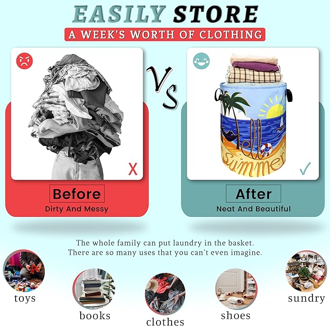 Hello Summer Laundry Hamper Colorful Beach Happy Holiday Laundry Basket With Handles Foldable Oxford Cloth Portable Funny Tote Bag Clothe Toy Storage Bucket 18.9x16.5Inch For Bathroom/Laundry/Bedroom
