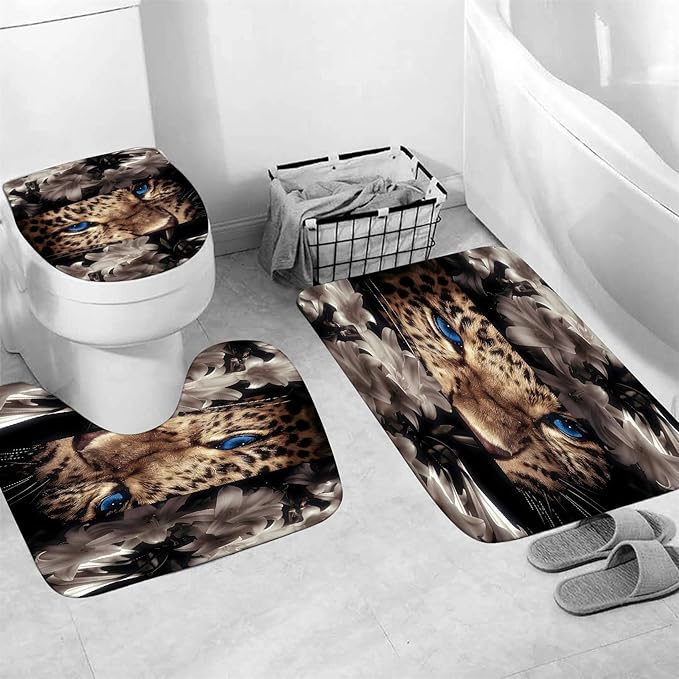 4 Piece Brown Shower Curtain Set with Rugs, Majestic Blue Eyes Leopard & White Lily Floral Art, Modern Aesthetic Waterproof Fabric Bathroom Decor, Non-Slip Mats & Toilet Lid Cover