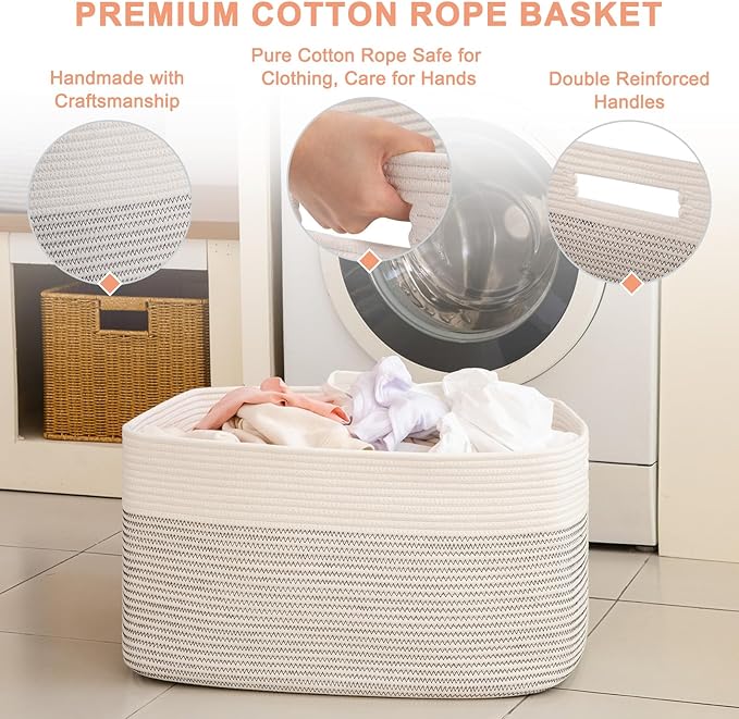 75L Large Blanket Basket, Cotton Rope Woven Storage Basket for Living Room, Toy Bin for Kids, Bedroom, Nursery, Baby Room Decorative Organizer, 22''×17''×12'', Black & White