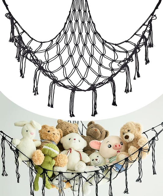 Stuffed Animal Storage Corner Hammock or Net,Toy Storage Hammock for Stuff Animals,Plushie Net for Nursery Bedroom Wall,Stuffed Animal Organizer Holder for Plush,Cute Boho Room Decor.（Black）