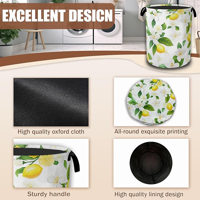Lemon Fruits Laundry Hamper,Flowers Leaves Laundry Baskets,Waterproof Oxford Cloth Toy Storage for Bedroom,Bathroom,Nursery,16x20.8 Inch