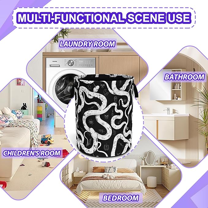 Snake Crawling Laundry Basket Black White Snakes Oxford Cloth Laundry Hamper Funny With Handle Foldable Portable Clothes Storage Basket 18.9 X 16.5 Inch Storage Bag For Laundry Room/Bathroom/Bedroom